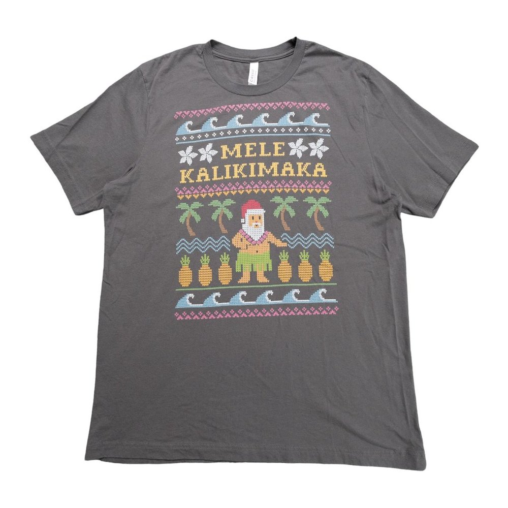 Bella Canvas Mele Kalikimaka Short Sleeve Tshirt Mens Size XL Gray Stitch Print